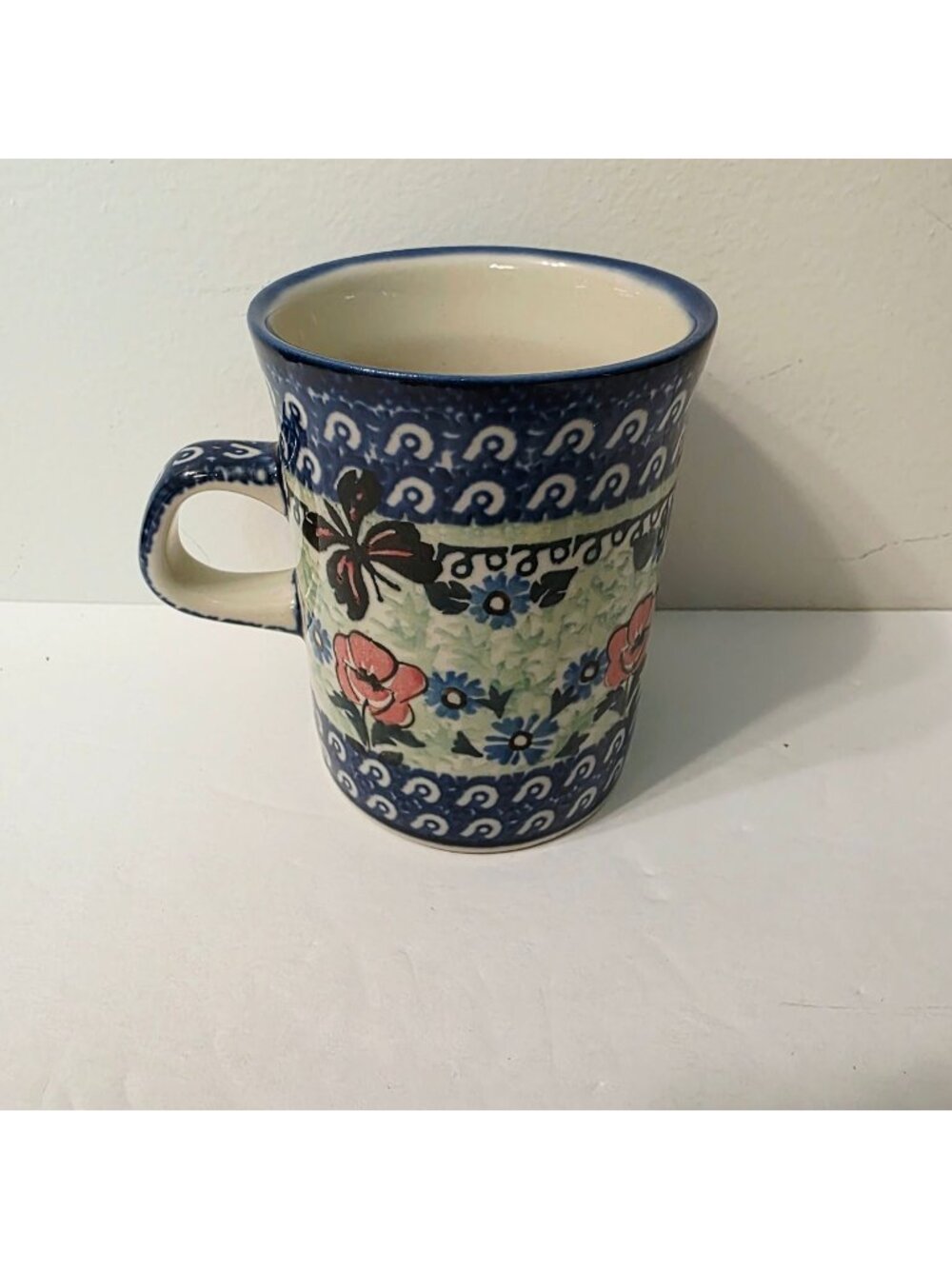 Vtg Polish Pottery Unikat Floral Butterflies Blue Pink Coffee Cup Mug